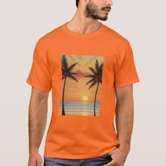 AI Art Morning Sunrise Beach Palmen T-Shirt