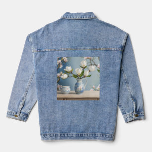 AI Art White Magnolia Blume Denim Jacket Jeansjacke