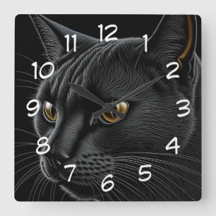 AI Black Cat mit gelben Augen Quadratische Wanduhr