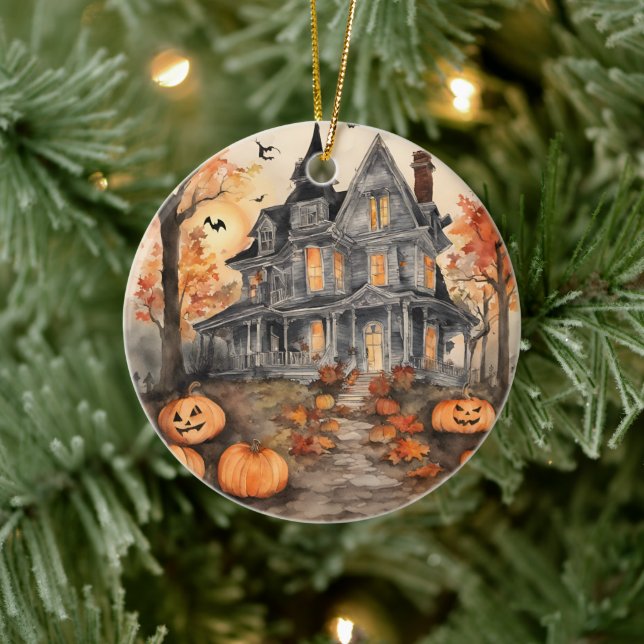 AI erzeugt Spooky Old House Halloween Keramik Ornament (Baum)
