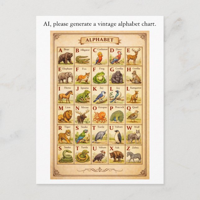 AI Fail Vintage Alphabet Chart with Animals Postkarte (Vorderseite)