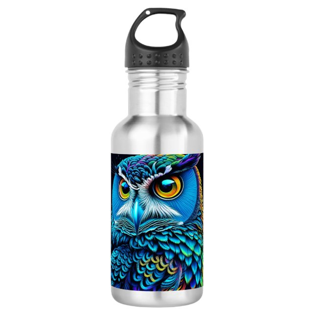 Ai generierte farbenfrohe Owl Edelstahlflasche (Vorderseite)