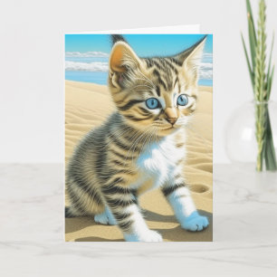 AI Gray Tabby Kitten spielt am Strand Karte
