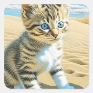 AI Gray Tabby Kitten spielt am Strand Quadratischer Aufkleber
