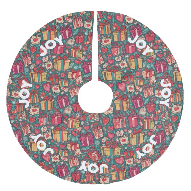 AI Joy Gifts and Hearts Christmas Tree Skirt Polyester Weihnachtsbaumdecke (Vorderseite)