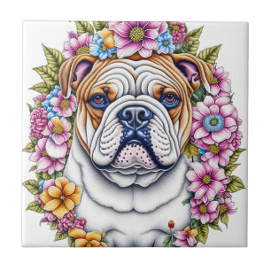 Ai-Kunst-Bulldogge umgeben von fantastischen Blume Fliese