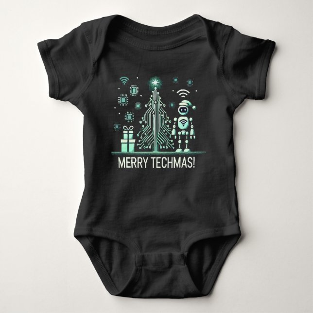 AI Robot mit Tech Christmas Tree - Merry Techmas Baby Strampler (Vorderseite)