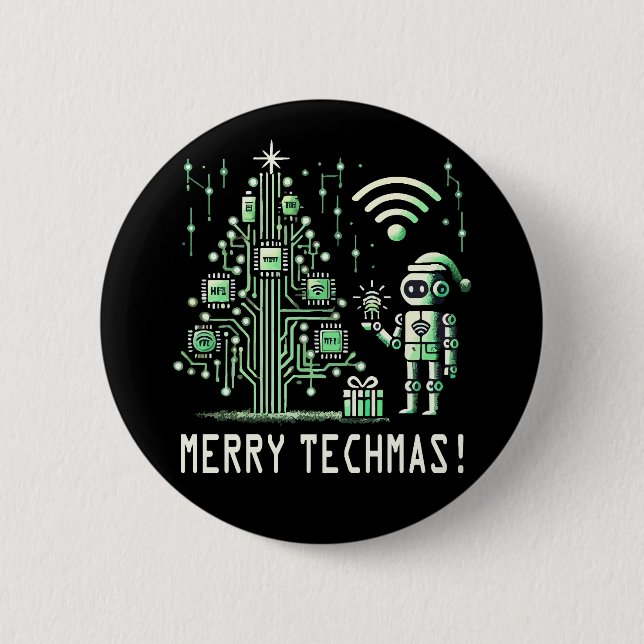 AI Robot mit Tech Christmas Tree - Merry Techmas Button (Vorderseite)