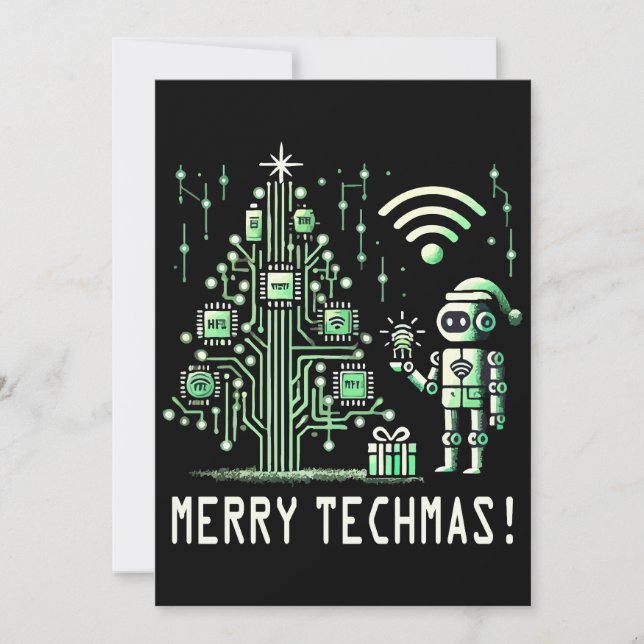 AI Robot mit Tech Christmas Tree - Merry Techmas Einladung (Vorderseite)