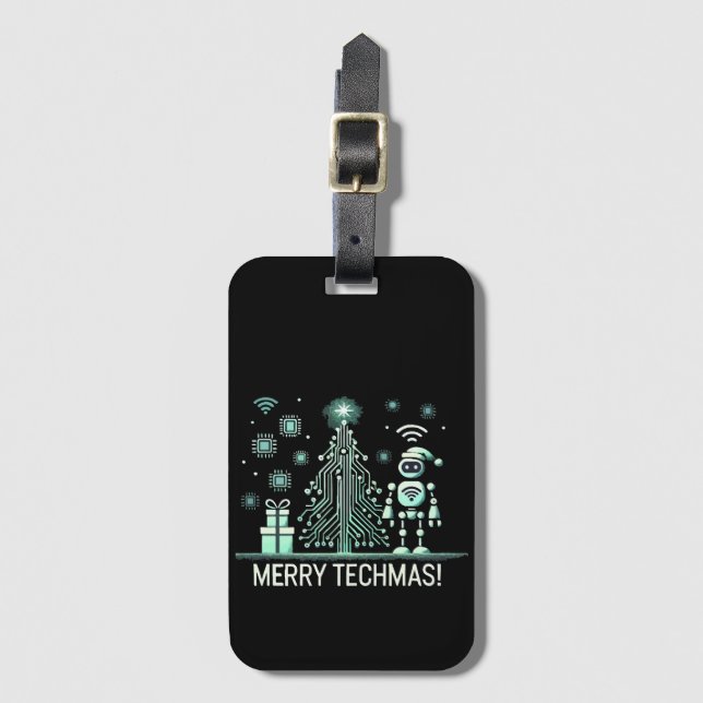 AI Robot mit Tech Christmas Tree - Merry Techmas Gepäckanhänger (Vorderseite Vertikal)