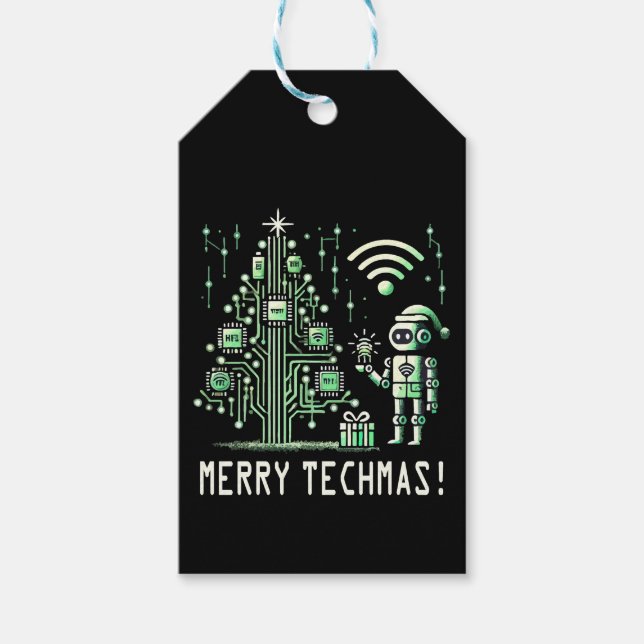 AI Robot mit Tech Christmas Tree - Merry Techmas Geschenkanhänger (Vorderseite)