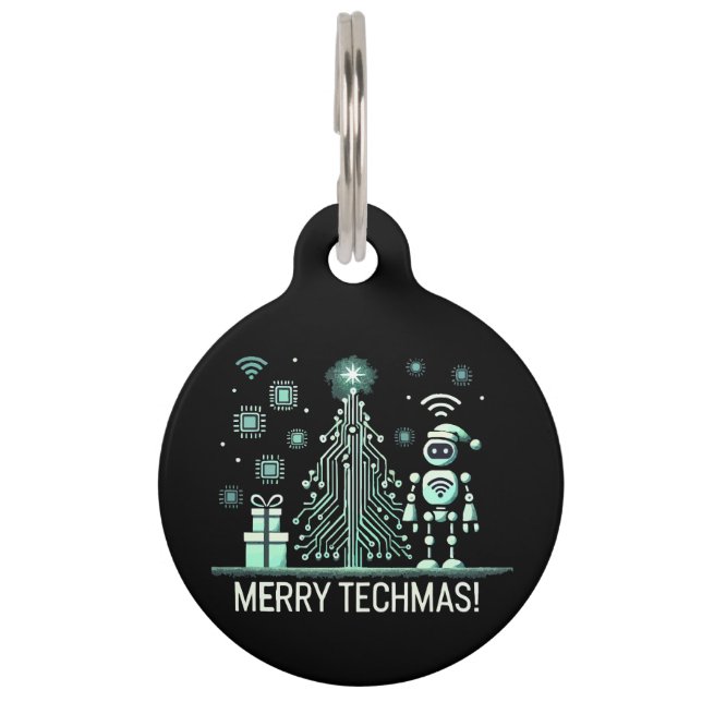 AI Robot mit Tech Christmas Tree - Merry Techmas Haustiermarke (Vorderseite)