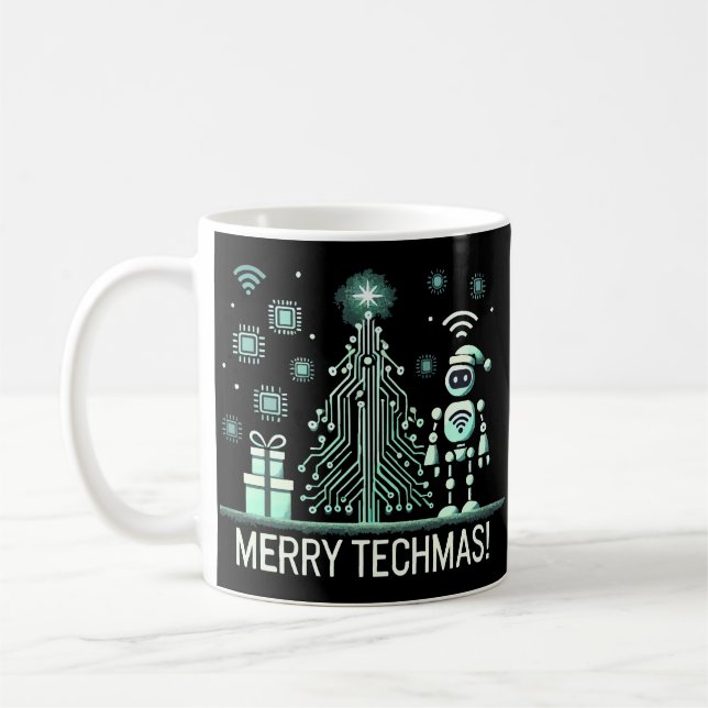 AI Robot mit Tech Christmas Tree - Merry Techmas Kaffeetasse (Links)