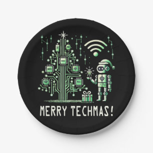 AI Robot mit Tech Christmas Tree - Merry Techmas Pappteller