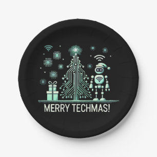 AI Robot mit Tech Christmas Tree - Merry Techmas Pappteller