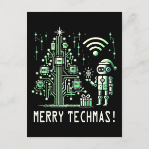 AI Robot mit Tech Christmas Tree - Merry Techmas Postkarte