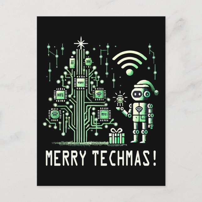 AI Robot mit Tech Christmas Tree - Merry Techmas Postkarte (Vorderseite)