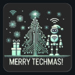 AI Robot mit Tech Christmas Tree - Merry Techmas Quadratischer Aufkleber<br><div class="desc">Feiern Sie den Urlaub mit einer technischen Drehung! Dieses Design umfasst einen KI-Roboter,  der neben einem futuristischen Weihnachtsbaum aus Schaltkreisen und Chips stehend ist. Ideal für Technikfans und für diejenigen,  die Liebe haben,  Ferien mit modernster Technologie zu verbinden.</div>