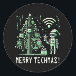 AI Robot mit Tech Christmas Tree - Merry Techmas Runder Aufkleber<br><div class="desc">Feiern Sie den Urlaub mit einer technischen Drehung! Dieses Design umfasst einen KI-Roboter,  der neben einem futuristischen Weihnachtsbaum aus Schaltkreisen und Chips stehend ist. Ideal für Technikfans und für diejenigen,  die Liebe haben,  Ferien mit modernster Technologie zu verbinden.</div>