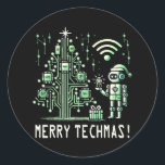 AI Robot mit Tech Christmas Tree - Merry Techmas Runder Aufkleber<br><div class="desc">Feiern Sie den Urlaub mit einer technischen Drehung! Dieses Design umfasst einen KI-Roboter,  der neben einem futuristischen Weihnachtsbaum aus Schaltkreisen und Chips stehend ist. Ideal für Technikfans und für diejenigen,  die Liebe haben,  Ferien mit modernster Technologie zu verbinden.</div>