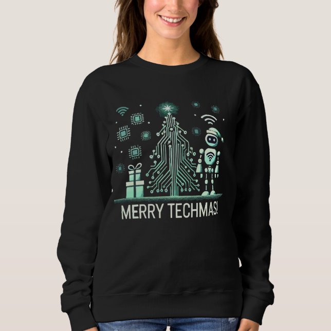 AI Robot mit Tech Christmas Tree - Merry Techmas Sweatshirt (Vorderseite)
