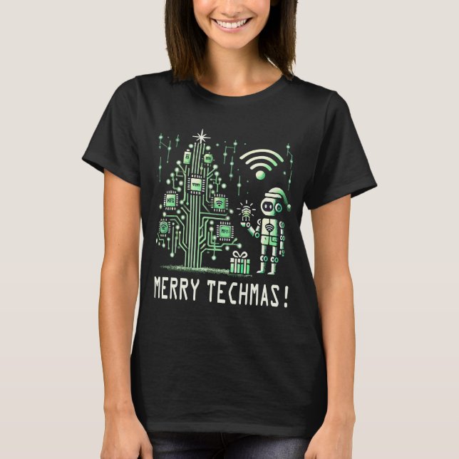 AI Robot mit Tech Christmas Tree - Merry Techmas T-Shirt (Vorderseite)