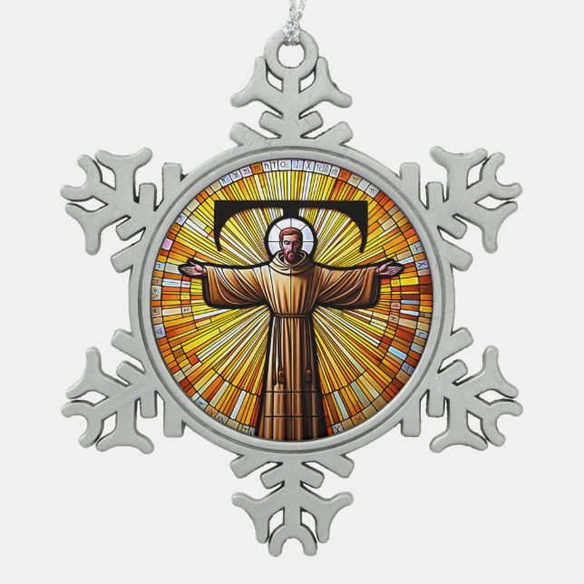 AI Saint Francis von Assisi als Franziskaner Tau 3 Schneeflocken Zinn-Ornament (Vorderseite)