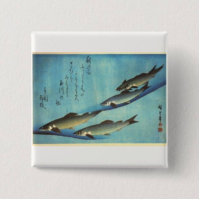 Ai (Trout) - Hiroshige Farbe Japanischer Fisch Pri Button (Vorderseite)