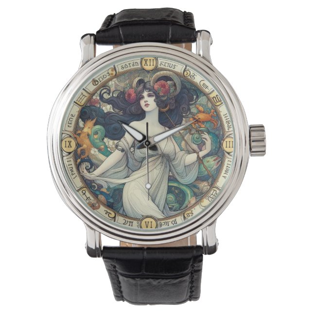 AI unterstützte Art-Deco-Uhrendesign von Lady mit  Armbanduhr (Vorderseite)