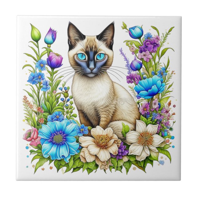 Ai Watercolor Siamese Cat in Blume Fliese (Vorderseite)