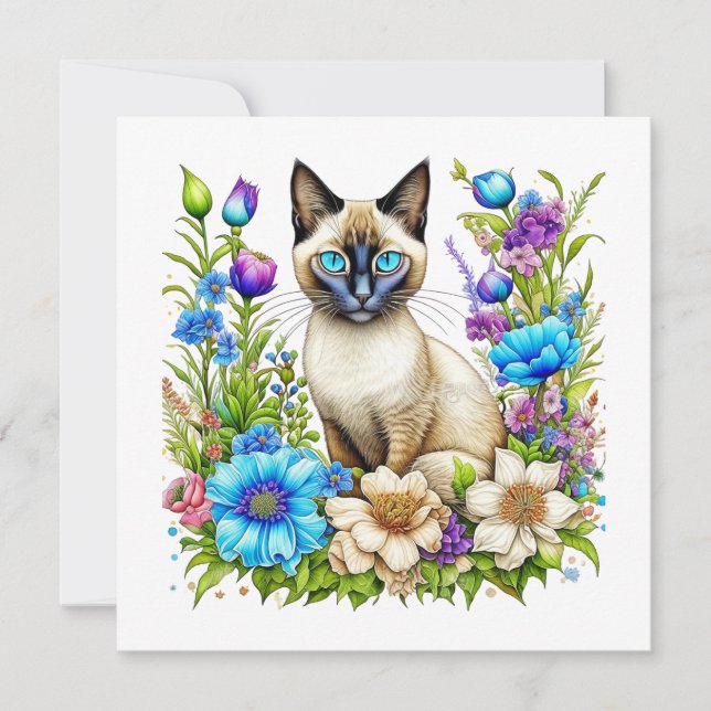 Ai Watercolor Siamese Cat in Blume Mitteilungskarte (Vorderseite)