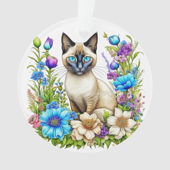 Ai Watercolor Siamese Cat in Blume Ornament (Vorderseite)