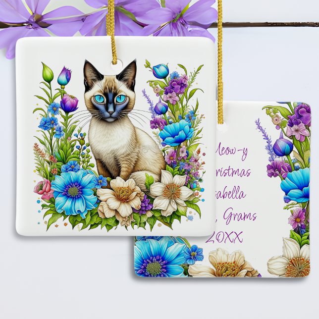 Ai Watercolor Siamese Katze in Blume Personalisier Keramikornament (Von Creator hochgeladen)