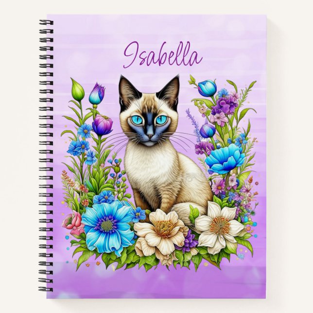 Ai Watercolor Siamese Katze in Blume Personalisier Notizbuch (Vorderseite)