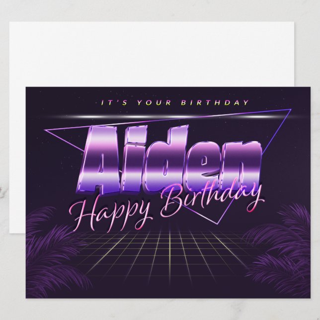 Aiden Name Vorname lila retro Karte Geburtstag (Vorne/Hinten)