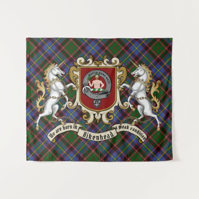 Aikenhead Clan Abzeichen & Unicorns mit Tartan Wandteppich (Vorderseite (Horizontal))