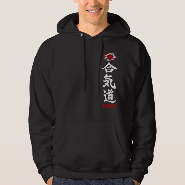 Aikido Kanji Dark Hoodie mit japanischer Flagge (Vorderseite)