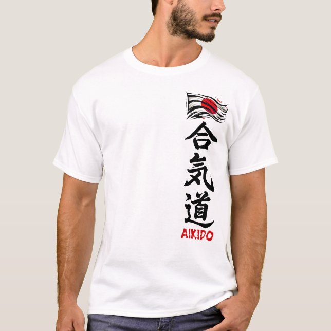 Aikido Kanji T - Shirt mit japanischer Flagge (Vorderseite)