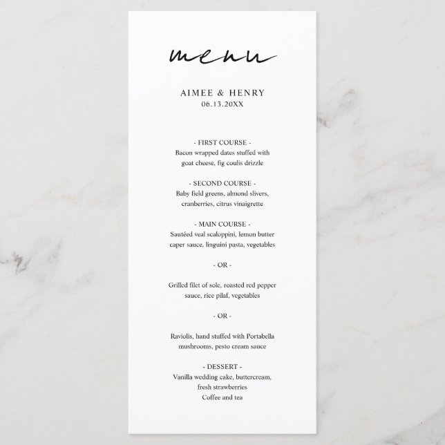 Aimee Rustic Script Moderne Hochzeit Menükarte (Vorderseite)