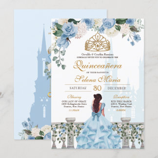 Ainderella Blue Floral Gold Princess Quinceanera Einladung