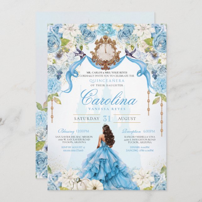 Ainderella Blue Gold Luxury Princess Quinceanera Einladung (Vorne/Hinten)