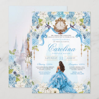 Ainderella Blue Gold Luxury Princess Quinceanera Einladung