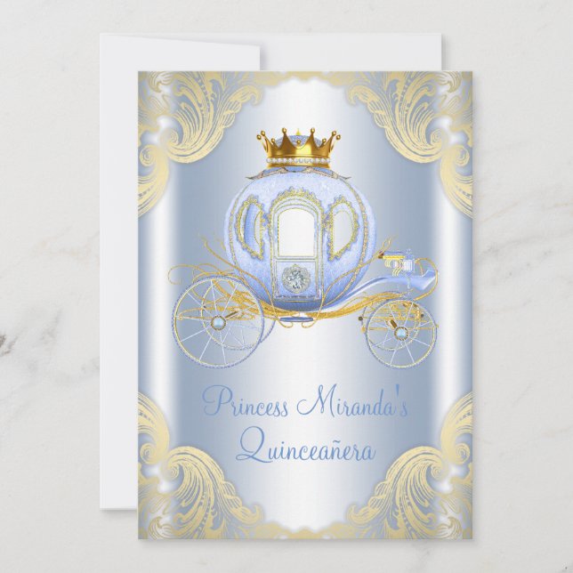 Ainderella Blue Gold Princess Quinceanera Einladung (Vorderseite)