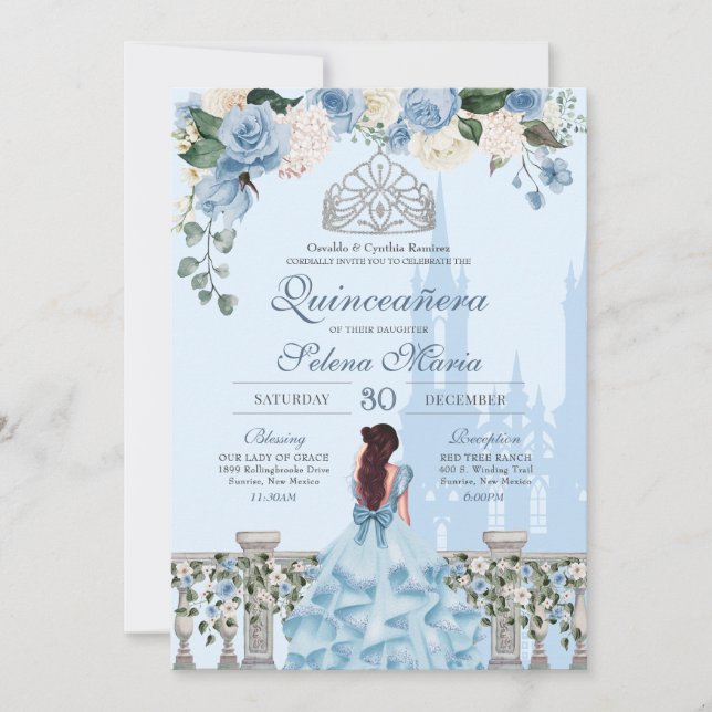 Ainderella Blue Rose Silver Princess Quinceanera Einladung (Vorderseite)