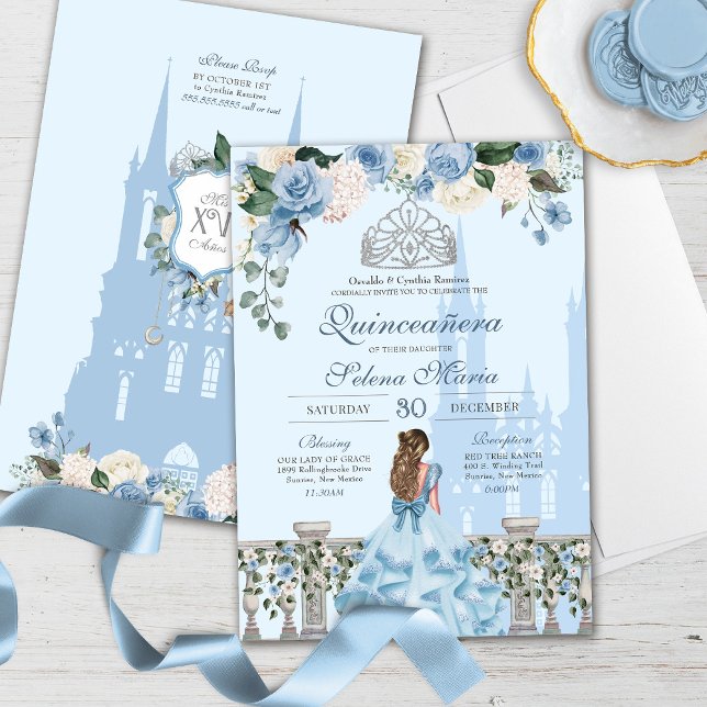 Ainderella Blue Silver Blumenprinzessin Quinceaner Einladung (Von Creator hochgeladen)