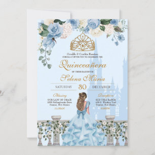 Ainderella Blue w Gold Floral Princess Quinceanera Einladung