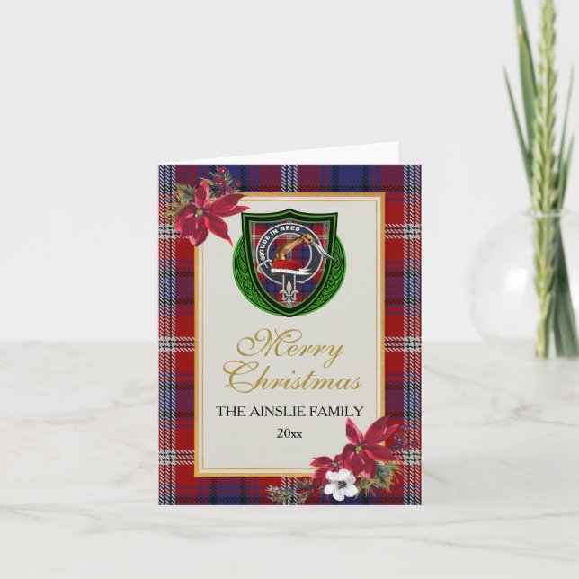 Ainslie Scottish Clan Tartan & Crest Karte (Vorderseite)
