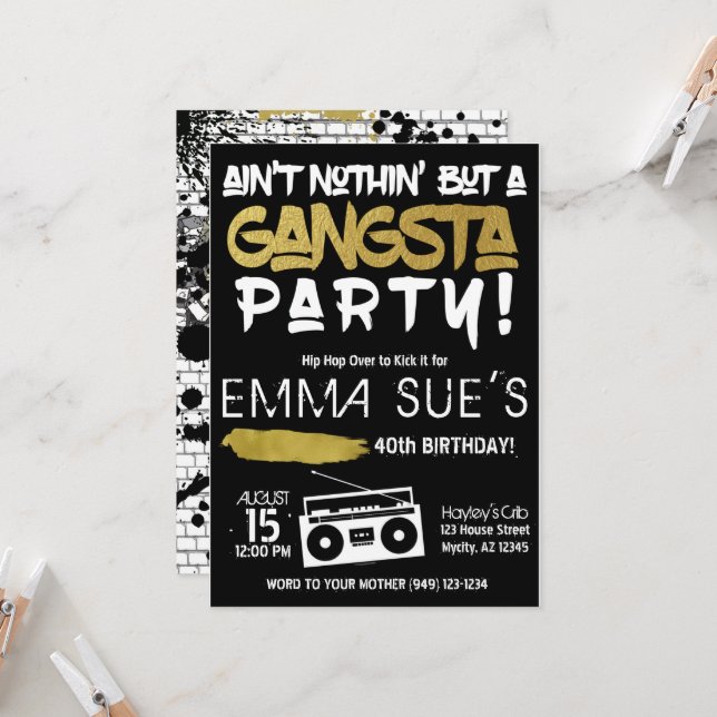 Aint Nothin' aber ein Gangsta Party Hip Hop Geburt Einladung (Vorderseite/Rückseite Beispiel)