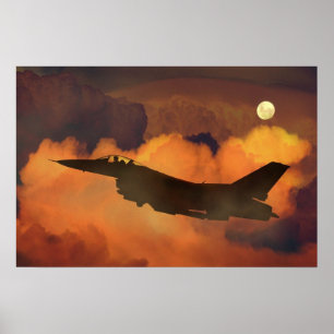 Air Flugzeug Fighter F-16 Night Sky Moon Wolken Poster