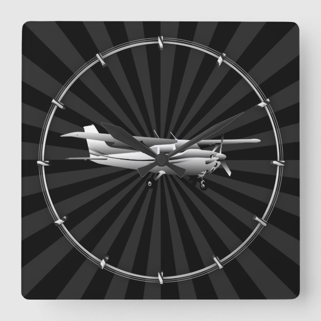 Aircraft Cessna Silhouette Flying Sunburst Decor Quadratische Wanduhr (Vorderseite)